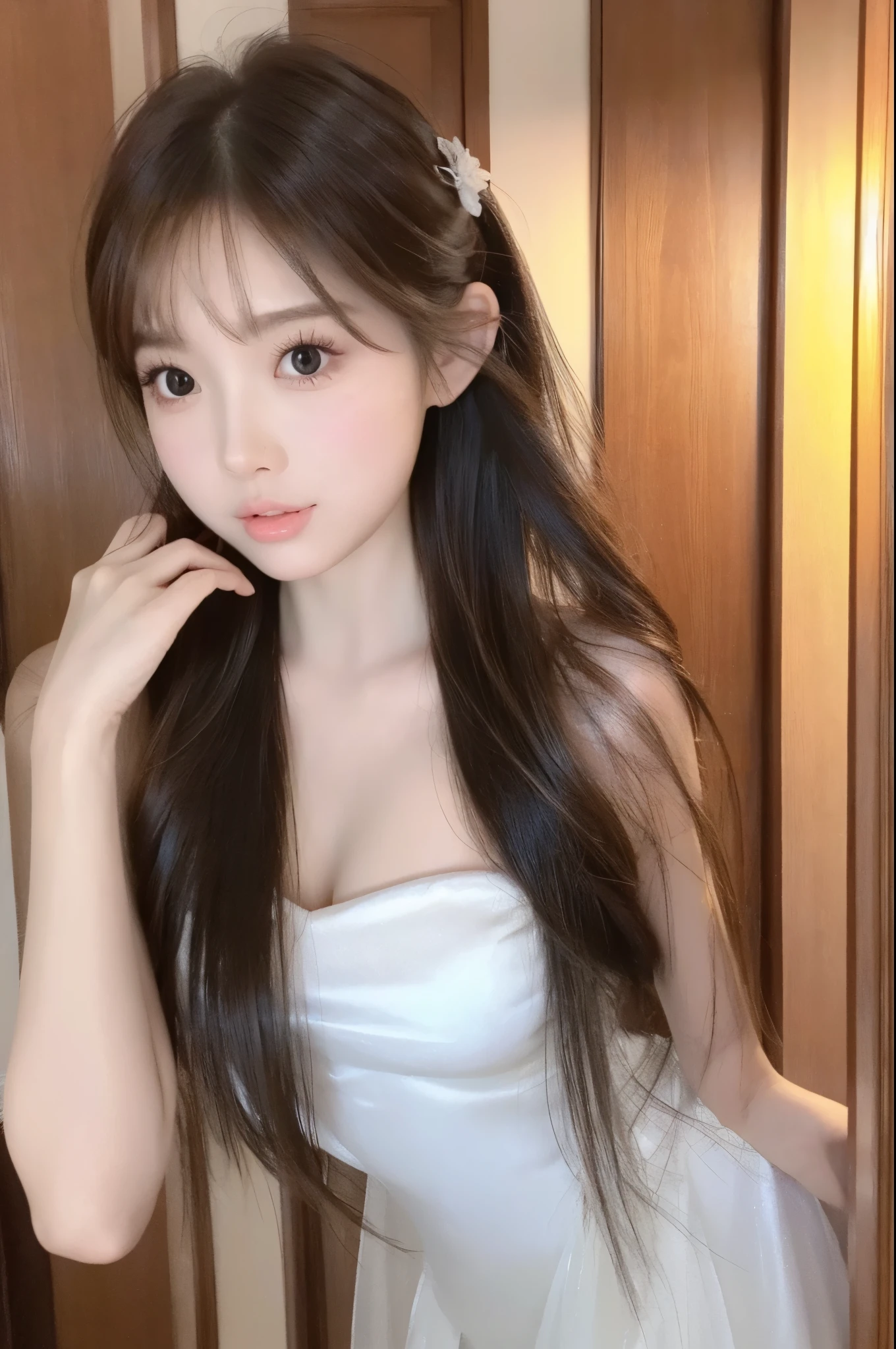  beautiful woman with perfect body：1.4，Layered Hairstyle， High Accuracy Face and Skin Textures ，Skin Whitening， long hair，Princess Dress