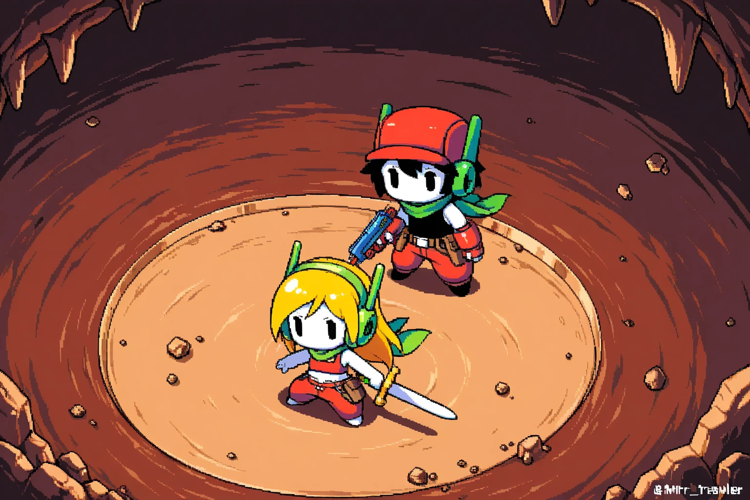 solo,(1couple:1.2). BREAK .1boy\(Mr-Traveler\(Quote,Cave Story\),white skin,(black tank-top),red pants,(green ear:1.3), green headset,red cap\(with (silver plate)\), black hair, green scarf, robot,holding white sword,chibi \). BREAK .1girl\(Curly Brace\(Cave Story\) holding red gun,long blonde,short red shirts,red pants,red gun,robot,open neck,open stomach, chibi \). BREAK .from above,pixel,masterpiece,best quality