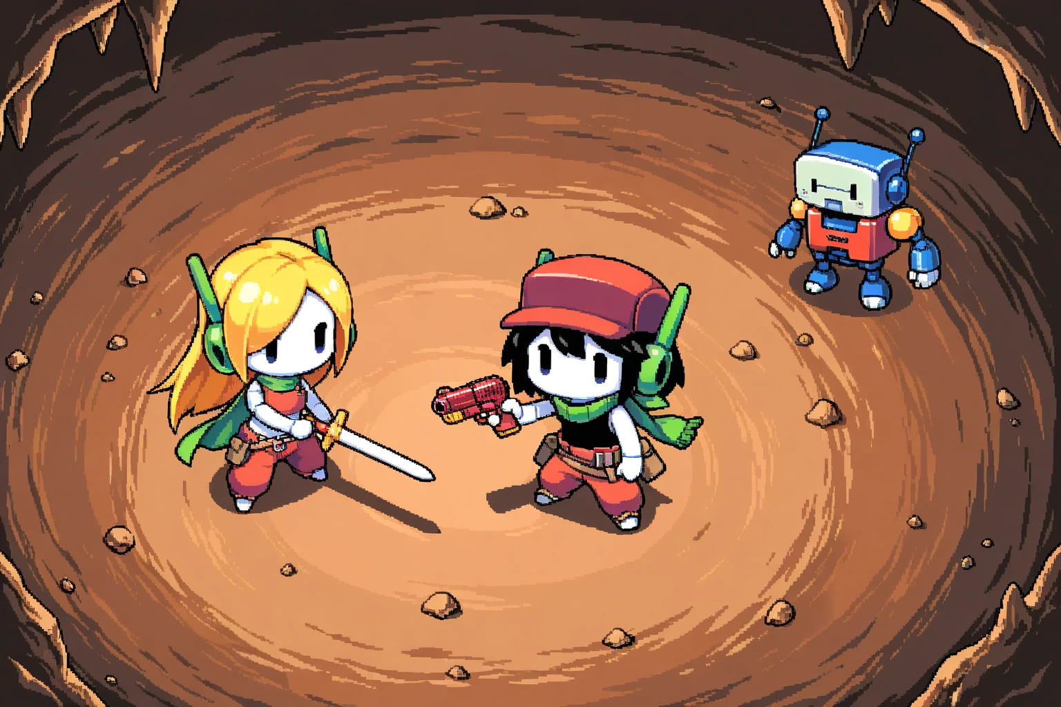 solo,(1couple:1.2). BREAK .1boy\(Mr-Traveler\(Quote,Cave Story\),white skin,(black tank-top),red pants,(green ear:1.3), green headset,red cap\(with (silver plate)\), black hair, green scarf, robot,holding white sword,chibi \). BREAK .1girl\(Curly Brace\(Cave Story\) holding red gun,long blonde,short red shirts,red pants,red gun,robot,open neck,open stomach, chibi \). BREAK .from above,pixel,masterpiece,best quality