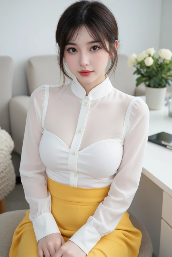 ulzzang -6500-v1.1, (Raw photo:1.2), (Photorealsitic), (See-through:1.3), (Real:1.4), Upper class woman with wallet and handbag, Sitting on a chair in the office, (Black Lace Bra:1.2)、game_nffsw, Wearing an ultra-thin silk blouse over naked、 jaw-dropping beauty、 thighhighs and skirt, (Ultra-realistic pantyhose:1.2)、elegant japanese woman, Ultra-thin white shirt and gray skirt, transparent gray skirts, Japanese Models, Wearing a blouse, dressed with long fluent clothes, dressed with fluent clothes, very pretty model, Wearing a white blouse, Cute elegant pose、A smile、Realistic skin feeling、shinny skin、Exposed thighs!!!、