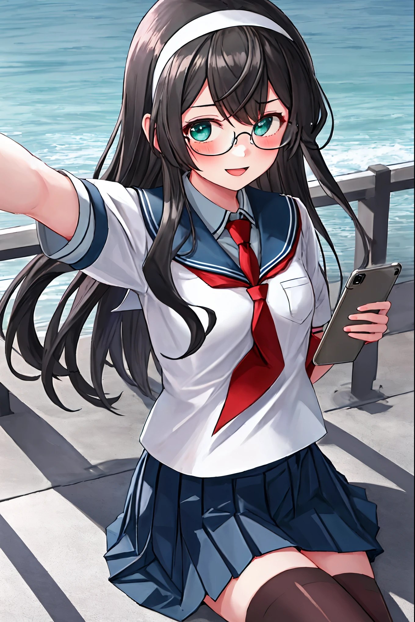 best quality, masterpiece, highres, solo, {ooyodo_kantaicollection:1.15}, black_hair, long_hair, glasses, hairband, semi-rimless_eyewear, under-rim_eyewear, blue_eyes, green_eyes, blush,small_breasts, 1girl, school_uniform, serafuku, pleats_skirt, looking_at_viewer, necktie, harbor_town_background, red_necktie,(angry_eyebrows:0.6),light_smile,thigh-highs,solo,sitting,light_open_mouth, breeze_blows,selfie