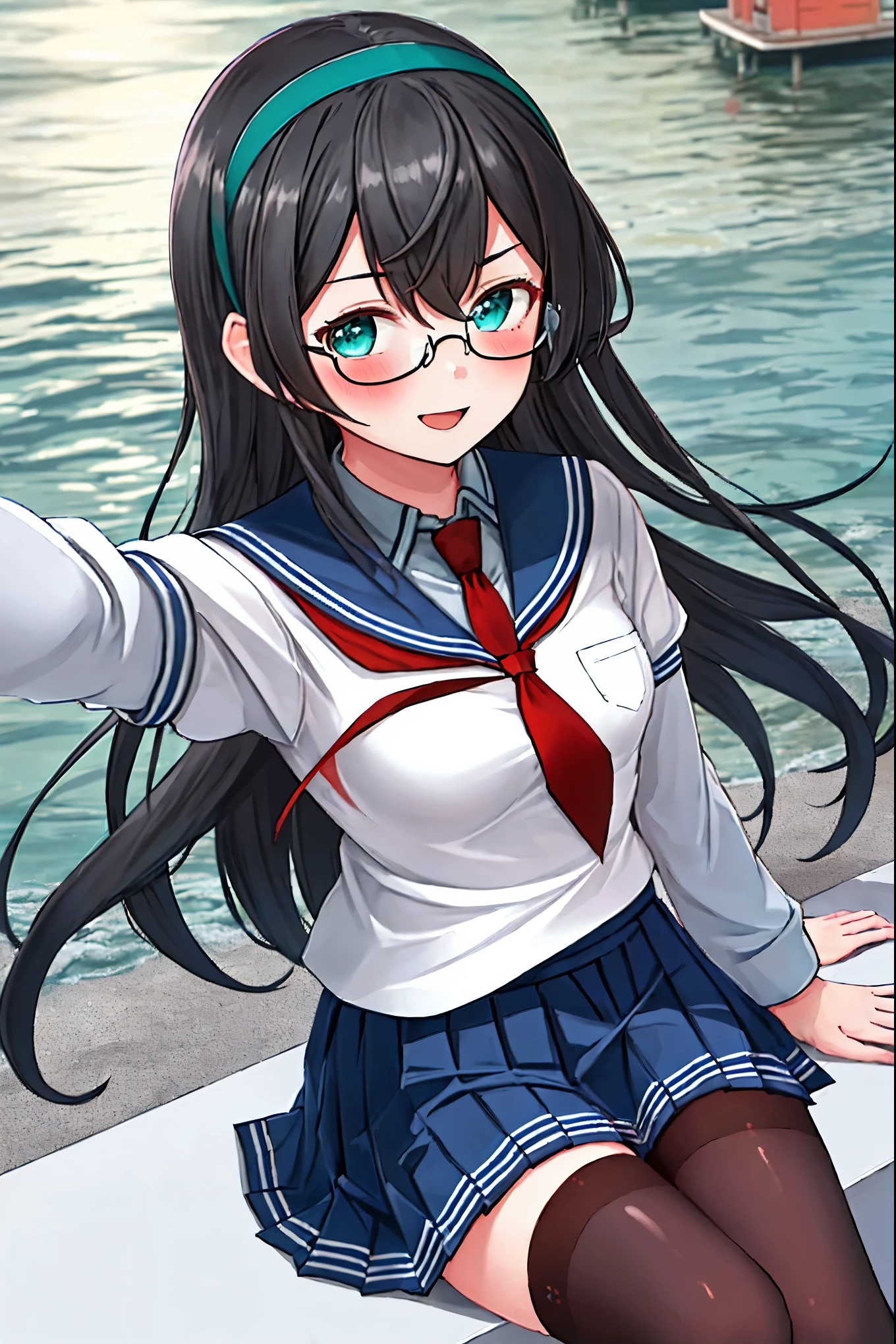 best quality, masterpiece, highres, solo, {ooyodo_kantaicollection:1.15}, black_hair, long_hair, glasses, hairband, semi-rimless_eyewear, under-rim_eyewear, blue_eyes, green_eyes, blush,small_breasts, 1girl, school_uniform, serafuku, pleats_skirt, looking_at_viewer, necktie, harbor_town_background, red_necktie,(angry_eyebrows:0.6),light_smile,thigh-highs,solo,sitting,light_open_mouth, breeze_blows,selfie