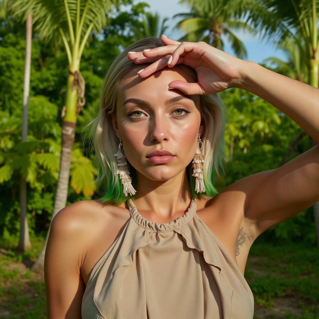 best quality (raw:1.1) photo of (blonde Al1c3R0b3rt501:0.99), (master grade:1.2), ((subtle makeup:1.2)), (tied back hair), (summer dress:1.2), ((standing in a field of barrel cacti:1.2)), (closeup:1.2), (sun setting), golden necklace, (golden earrings:1.1), RAW candid cinema, 16mm, color graded portra 400 film, remarkable color, ultra realistic, textured skin, remarkable detailed pupils, realistic dull skin noise, visible skin detail, skin fuzz, dry skin, shot with cinematic camera, detailed skin texture, (blush:0.2), (goosebumps:0.3), subsurface scattering, <lora:add_detail:0.9>