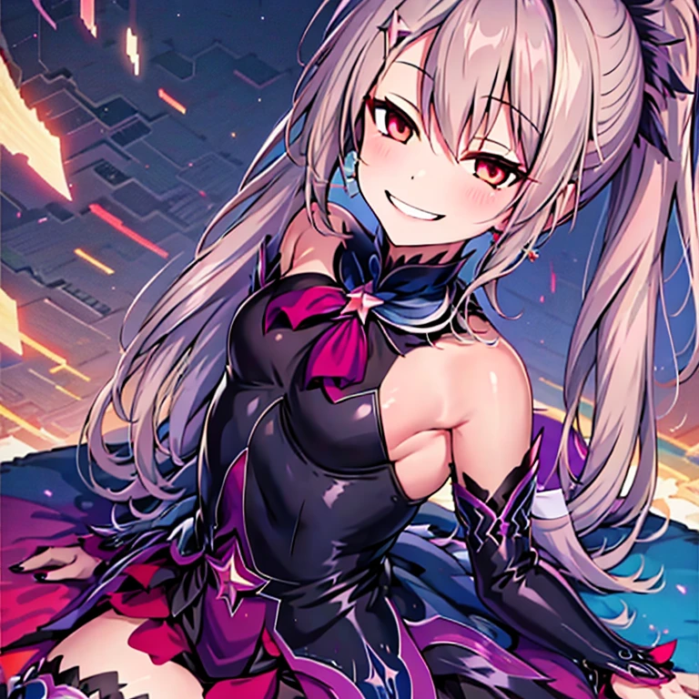 (best quality:1.2), 1 girl, alone, a ponytail, star hairpins, black feather hairpin, nail art, vibrant colors, dreamlike lighting, detailed floral background, evil smile