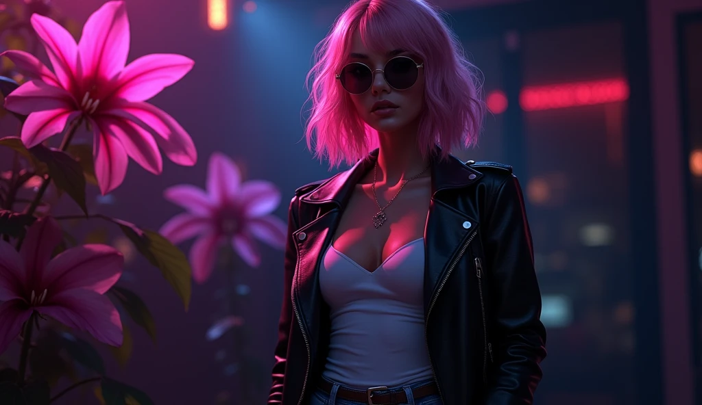 neon noir beautiful woman,View your viewers, . cyber punk, dark, Rainy Town, Neon Signs, (Outside the double doors of a nightclub), High Contrast, Low light, Vibrant, Very detailed, Silver hair color, Shoulder length bob cut hair, Glowing Eyes, Cherry Red Lipstick, Transparent Plastic Rain Jacket, Black skin-tight bra, it&#39;s raining