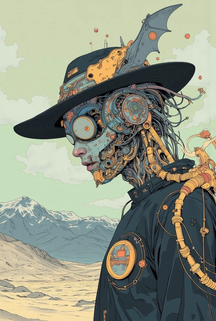  There is a picture of a neutral person wearing a bat hat, Illustration by Momoko Shinoda , surrealism, style of hajime Empty Mountain,  graphic details , Empty Mountain. occult art , hajime Empty Mountain designed girl, shohei otomo,  very very unrealistic , Virgil Finlay's style, Asymmetric! Cyborg Portrait ,ゴシックホラーoccult art 