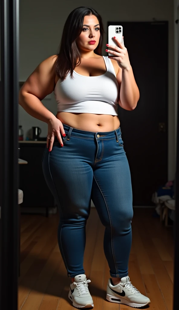 femme aux cheveux blonds lisses, yeux bleus, fine, enorme poitrine bonnet E, chaussures de sport blanche, pas de chaussettes, en jean denim très moulant, style legging, débardeur blanc très moulant laissant apercevoir le nombril, vue entière