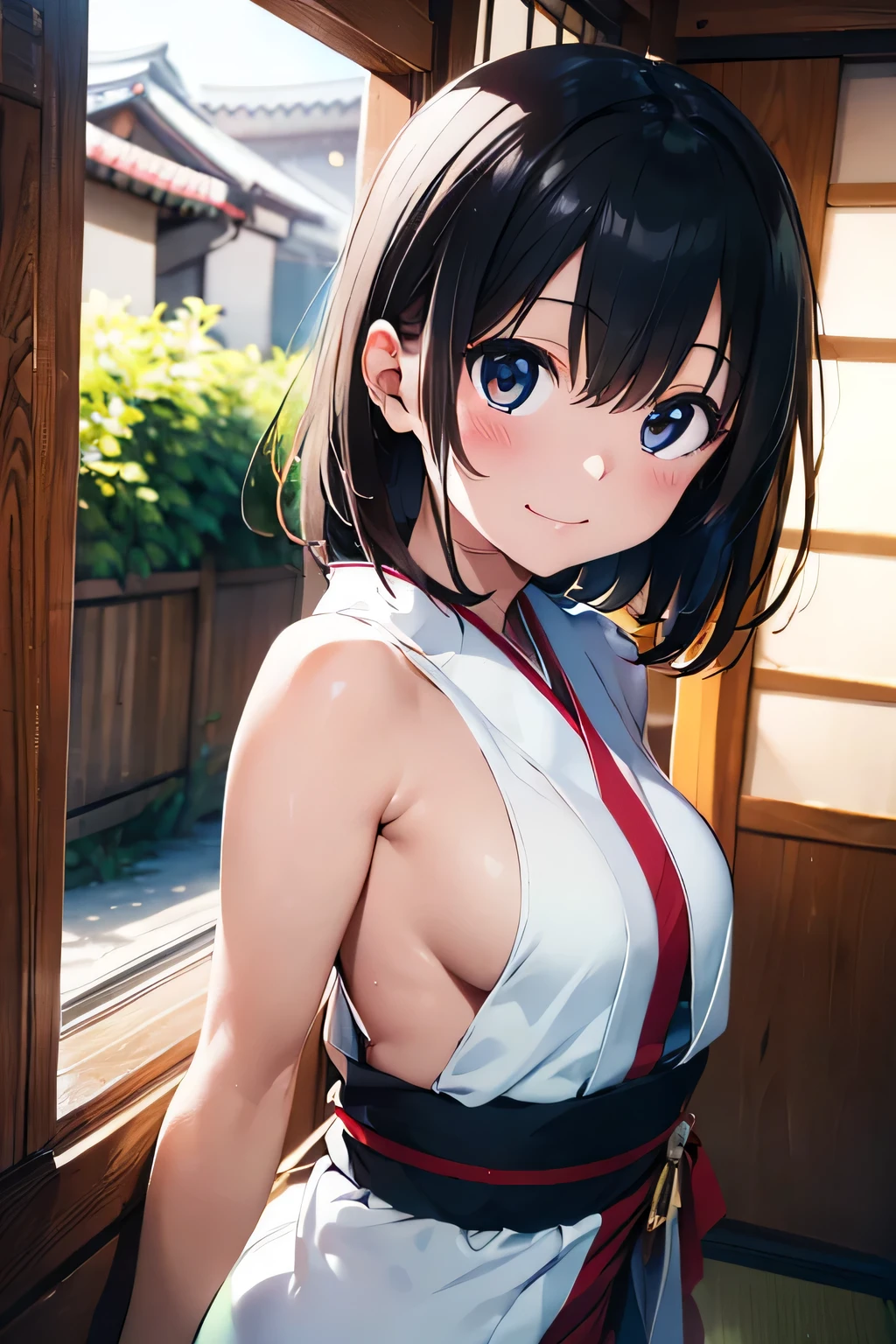 (extremely high quality artwork), (extremely detailed CG 8k), (masterpiece) ,(extremely cute girl), short, (innocent face), ((innocent smile)), shiny hair, (slim body), (small breasts), ((finely detailed beautiful eyes)), (eyes with brightness), look at viewer, ((nsfw)), ((japanese kimonos)), no bra, ((side boob)), (((lower body is completely naked))), (((no panties))), beautiful skin, pale skin, shiny skin, (bright color), vibrant colors, natural light, (glare),