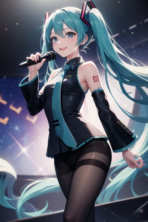 (extremely detailed CG unity 8k wallpaper,masterpiece, best quality, ultra-detailed),(best illumination, best shadow, an extremely delicate and beautiful),dynamic pose,

[(((1girl)),blue eyes,((turquoise hair):1.2|(aquamarine hair):1.2|(mint hair):1.2),((earphones),(black shorts),(cute socks)),naughty smile,(dynamic hair),white shirt,red tie, (skirt),delicate thigh-high boots):(1.3)],

[(colorful laser show,stage lighting,smoke,light sticks,glowing),:0.9],

(Hatsune Miku),(in concert), (singing on stage),(with her fans cheering),(zoom in on her face),(showcasing her personality)