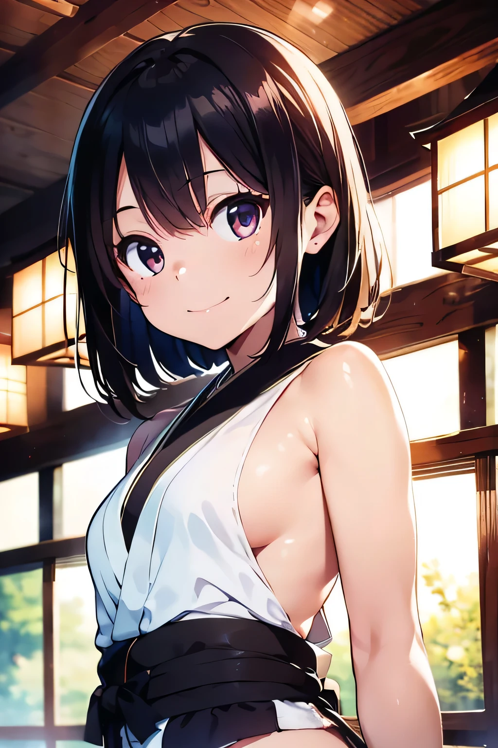 masterpiece, best quality, Summer Kimono,Tanned skin, Flowering, firework, firefly，reed bush, Smile, Dance, Night Sky, from above，Black hair，