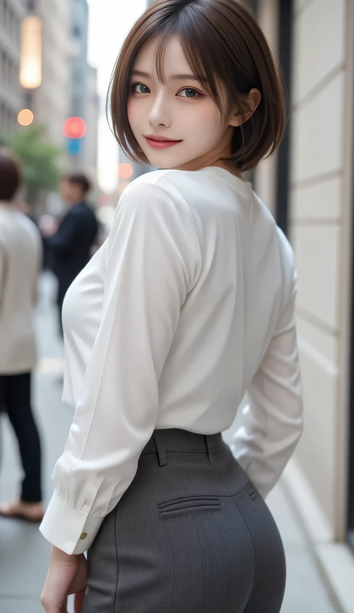 beautiful(close-up:1.4)、(RAW shooting:1.2)、( photorealistic :1.4)、(Masterpiece:1.3)、( best quality :1.4)、alone、( beautiful woman with perfect body :1.4)、7 heads、  beautiful woman with perfect body {x} sexy and very beautiful gorgeous face、  beautiful face in the world 、small face beautiful person 、(  full body shot )、(look at me)、 brown eyes、(  short hair with bangs that raise the knee a lot:1.2)、( office suit、White clothes、 dark gray tight skirt :1.3)、 high heels、( thin waist:1.2)、( beautiful ass  :1.3)、 beautiful back 、Backwards、Angle from behind、You can clearly see the shape of your butt 、An inviting gesture、 sexy、 excited、(  show me your butt  )、Exposing behavior 、Showing her ass、(  beautiful thighs )、( perfect anatomy:1.2)
