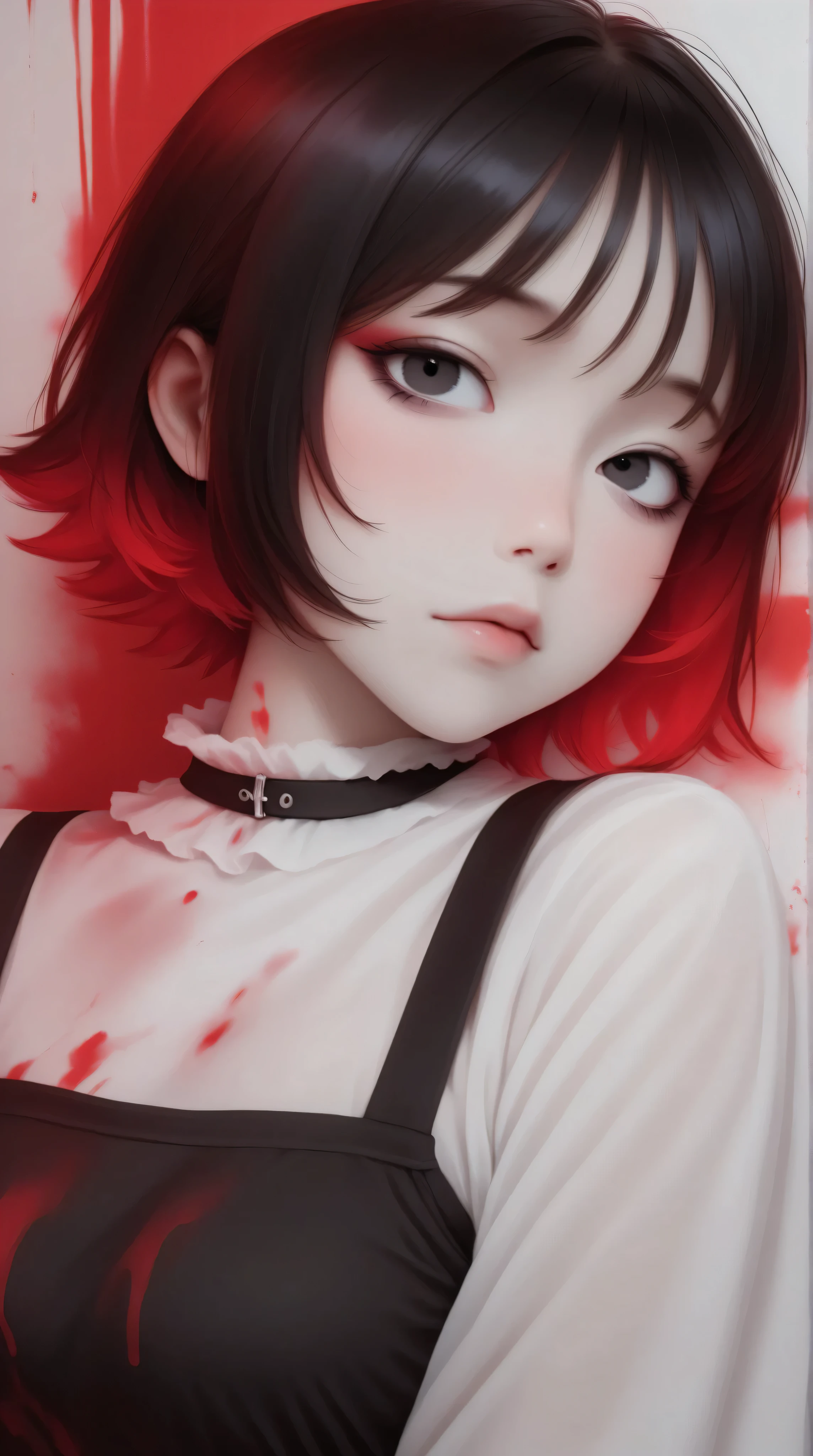 Kizi,Highly detailed, Amazing work,Vitreous luster,((clean backdrop)),In black,(((red colors))),white color,Best quality at best,clean backdrop。goth,