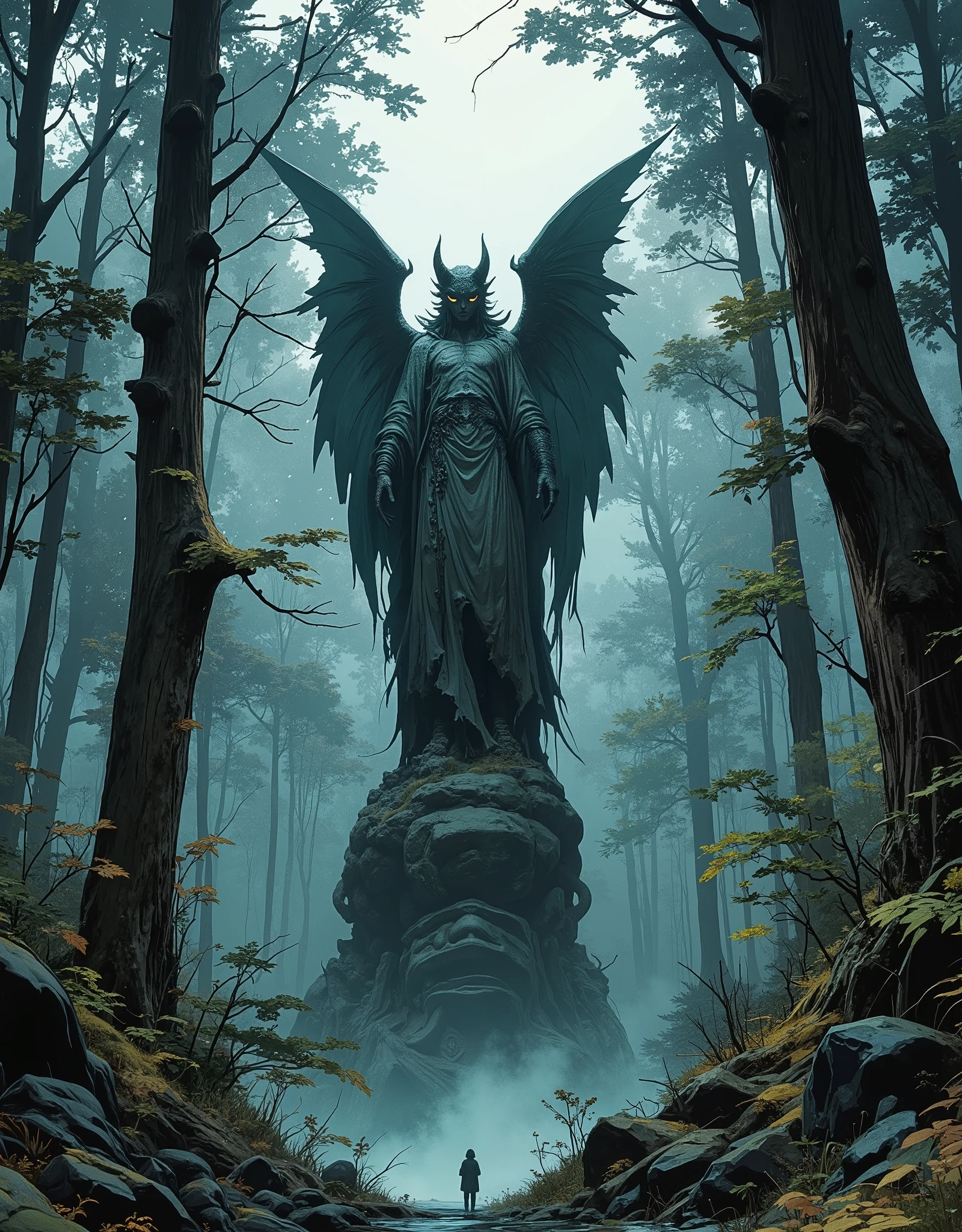 Deep in the forest, Sculpture of a gargoyle hidden in the forest, Realistic Devil Sculpture , Stone statue:1.6, (( fog covered forest ,  Statue Placed to Hide in the Forest)),  very detailed, Dark and severe , Dramatic Lighting,  intricate detail ,  weathered texture ,  dramatic shadow ,  mute color palette ,  cinematic structure ,   bright color,  cinematic composition ,  anime style:1.2, Detailed CG illustration, 8k, masterpiece．