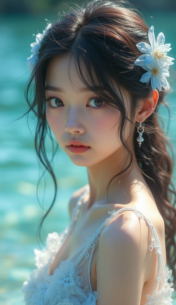 (masterpiece), (best quality), (ultra detailed),(disheveled hair),(illustration), (1girl), (Fashionable clothing), standing, Fashion model, looking at viewer, (interview), (simple background),beautiful detailed eyes, delicate beautiful face, Floating,(high saturation),(colorful splashes),colorful bubble,(shining), focus on face, ponytail, kamisato ayaka, light blue hair, bangs, hair ring, floating flowers, floating hairs, (shining), best lighting, best shadow,