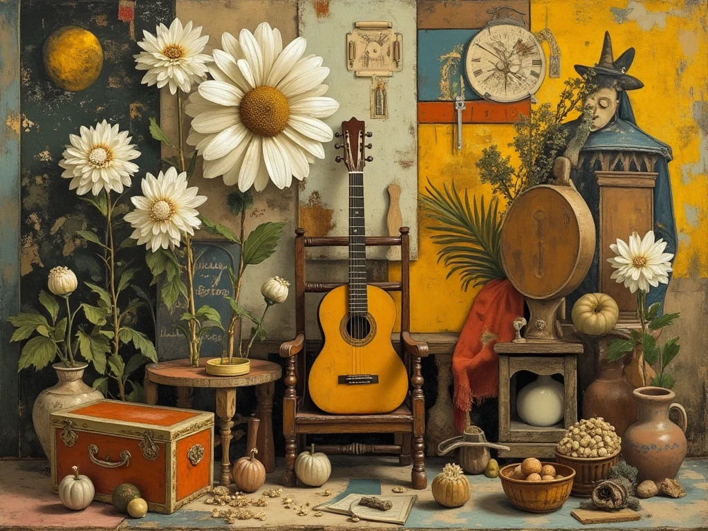  A composition imitating Pablo Picasso's Guernica painting . . In it, a wooden chair and a Spanish guitar will appear as the main elements. Surrounded by other elements such as a large white flower , , a flamenco box and other elements that recall the Andalusian style and its art .