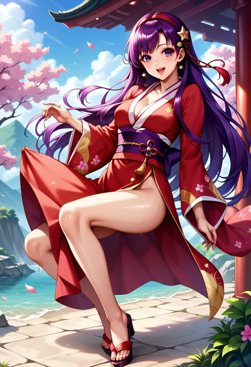 (full body),  1girl , Let, cute girl,  very detailed beautiful girl ,  very detailed face ,  perfect face,  towards the viewer The nose is accurately formed ,Expressive lips, (Very thin hair), ( Long Hair , purple hair), red headband, Star-shaped hair ornament, smile, opened mouth, sweat,  very detailed skin, is not wearing clothes, slim,  white and red kimono , Long-sleeved kimono, ( fighting pose:1.4, Legs are visible ), csal_scenery, (( Japanese shrines , Domestic)), ( Movie Scene , best quality  ,  High Resolution  ,  Attention to Details ,  beautiful detail,  very detailed CG ), (8k,  best quality  : 1.2),  High Resolution  and beautiful