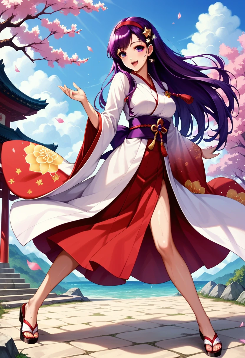 (full body),  1girl , Let, cute girl,  very detailed beautiful girl ,  very detailed face ,  perfect face,  towards the viewer The nose is accurately formed ,Expressive lips, (Very thin hair), ( Long Hair , purple hair), red headband, Star-shaped hair ornament, smile, opened mouth, sweat,  very detailed skin, is not wearing clothes, slim,  white and red kimono , Long-sleeved kimono, ( fighting pose:1.4, Legs are visible ), csal_scenery, (( Japanese shrines , Domestic)), ( Movie Scene , best quality  ,  High Resolution  ,  Attention to Details ,  beautiful detail,  very detailed CG ), (8k,  best quality  : 1.2),  High Resolution  and beautiful