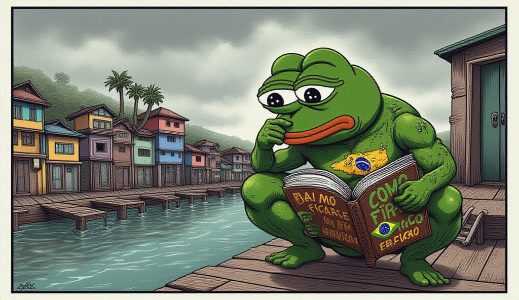 The illustration portrays Pepe the Frog sitting on a wooden platform near a body of water, gazing thoughtfully at an open book titled "Como Ficar Rico" ("How to Get Rich"). Pepe is depicted with his iconic green skin, large expressive eyes reflecting light, and a melancholic yet contemplative expression. He is dressed in a tattered green outfit adorned with a distressed Brazilian flag emblem on his chest, symbolizing a connection to Brazil. The background reveals a humble neighborhood with colorful, stacked houses indicative of a favela, set under a cloudy, gray sky that enhances the somber mood. The water nearby reflects the muted tones of the scene. The camera angle is slightly below eye level, emphasizing Pepe's reflective demeanor. The setting conveys themes of aspiration and struggle, as Pepe clutches the book, seemingly pondering a path to a better life amidst the challenging environment.