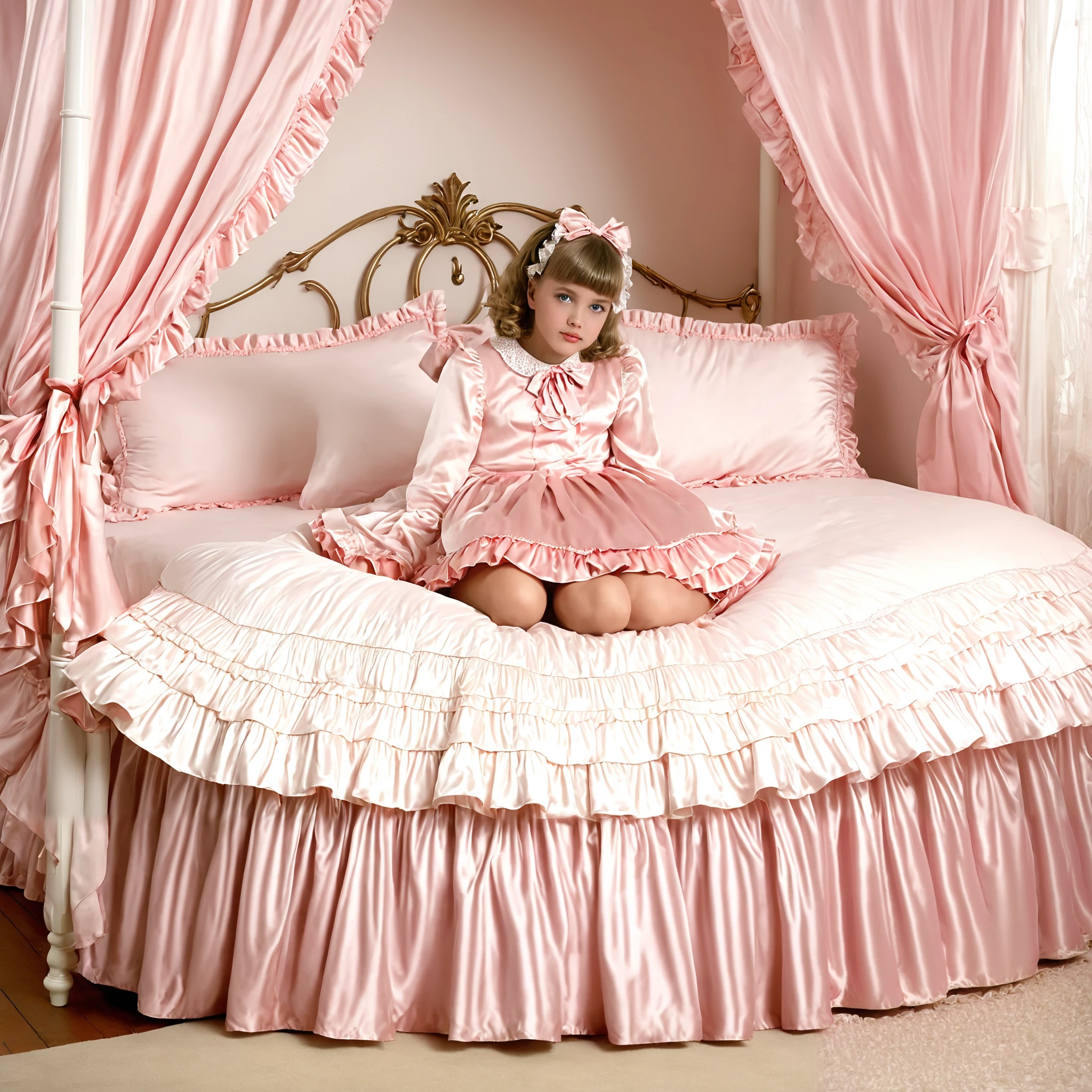 ((A cute girl on the bed)),(()),short tall,detailed baby face,small fa silk satiblouse and skirt,medium dress,detailed ribbons,detailed lace petticoat,long sleeves,frilled sleeves,,a bed with a mountain of pink silk satin pillows,pink canopy bed,king size bed,more big bed,lot of pink silk satin frilled pillows,more pillows, A plump qulited pink silk satin soft devet,devet decorated ribbons, ruffles lace silk.retro white pipe bed frame, realistic, blue eyes, rolled long blond hear,((Out of frame bigger king size bed:1.2)),