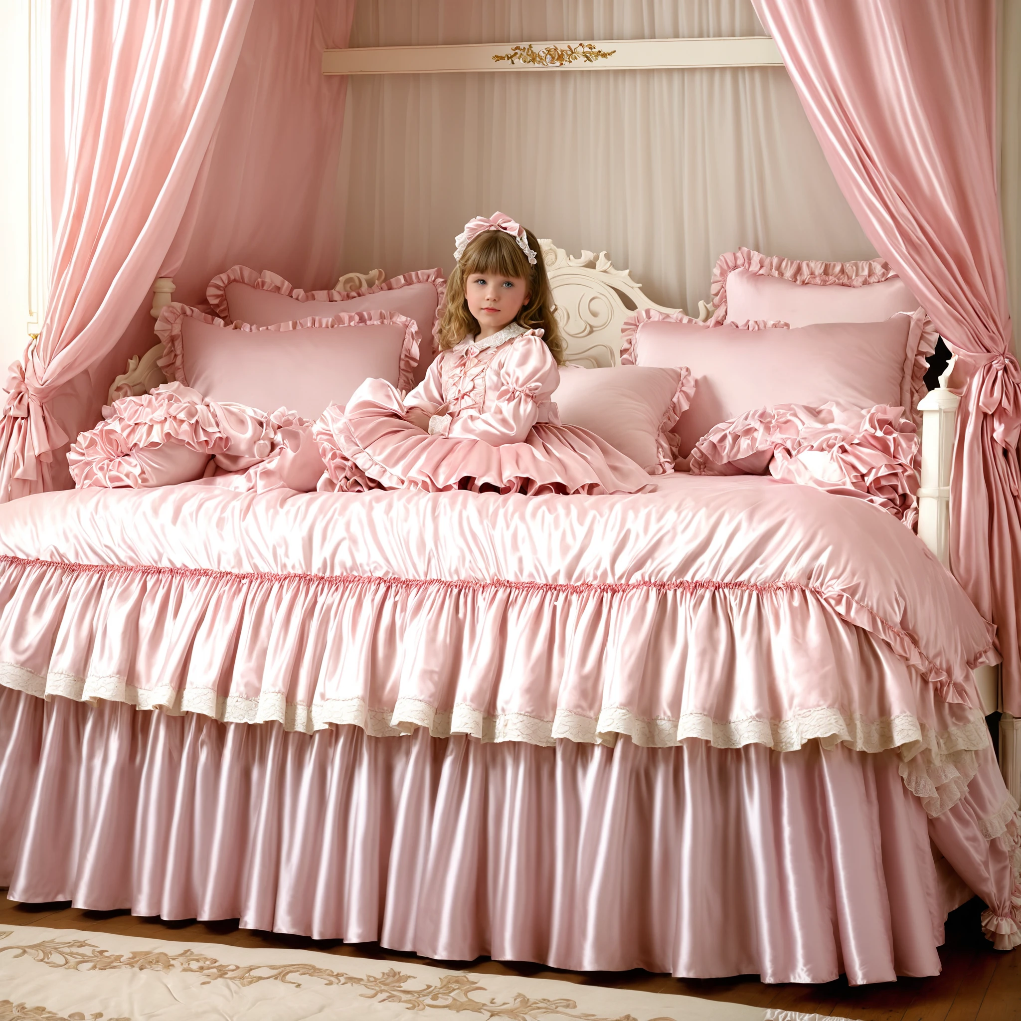 ((A cute girl on the bed)),(()),short tall,detailed baby face,small fa silk satiblouse and skirt,medium dress,detailed ribbons,detailed lace petticoat,long sleeves,frilled sleeves,,a bed with a mountain of pink silk satin pillows,pink canopy bed,king size bed,more big bed,lot of pink silk satin frilled pillows,more pillows, A plump qulited pink silk satin soft devet,devet decorated ribbons, ruffles lace silk.retro white pipe bed frame, realistic, blue eyes, rolled long blond hear,((Out of frame bigger king size bed:1.2)),