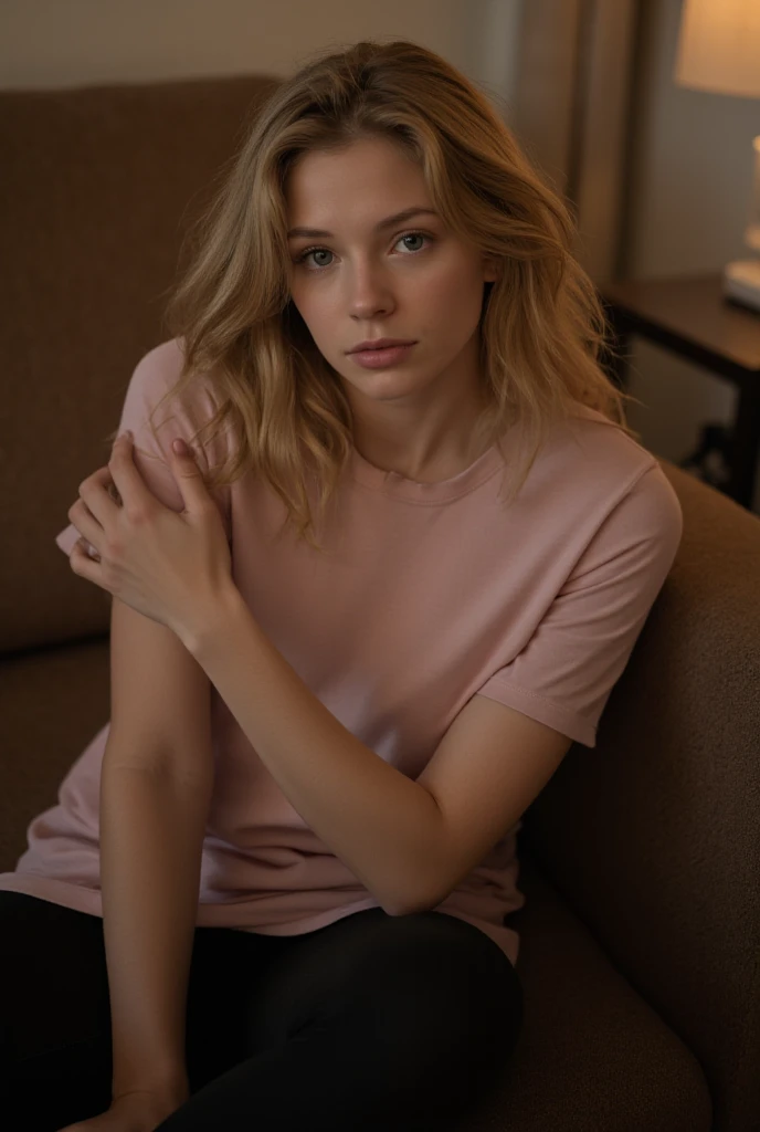 1fille, cheveux blonds, assise sur son lit, andrébotez, vêtements rouges, pull-over rouge, photo du visage, haut du corps, à l&#39;intérieur, fond simple, (chambre à coucher), En regardant la caméra,