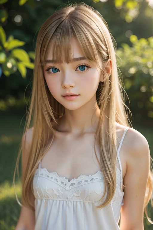 masterpiece.Realstic.detailed.bestquality.8k. is anatomically correct,  High Definition Model,  high detail,  very detailed,  Textured Skin, Blonde, bangs,  touch very long hair ,  Smooth skin 、 clear contours 、 white skin、 emerald green eyes、 white camisole 、12yearoldgirl. big sparkling eyes,  blur background,  natural light. 幸せ/喜び, 