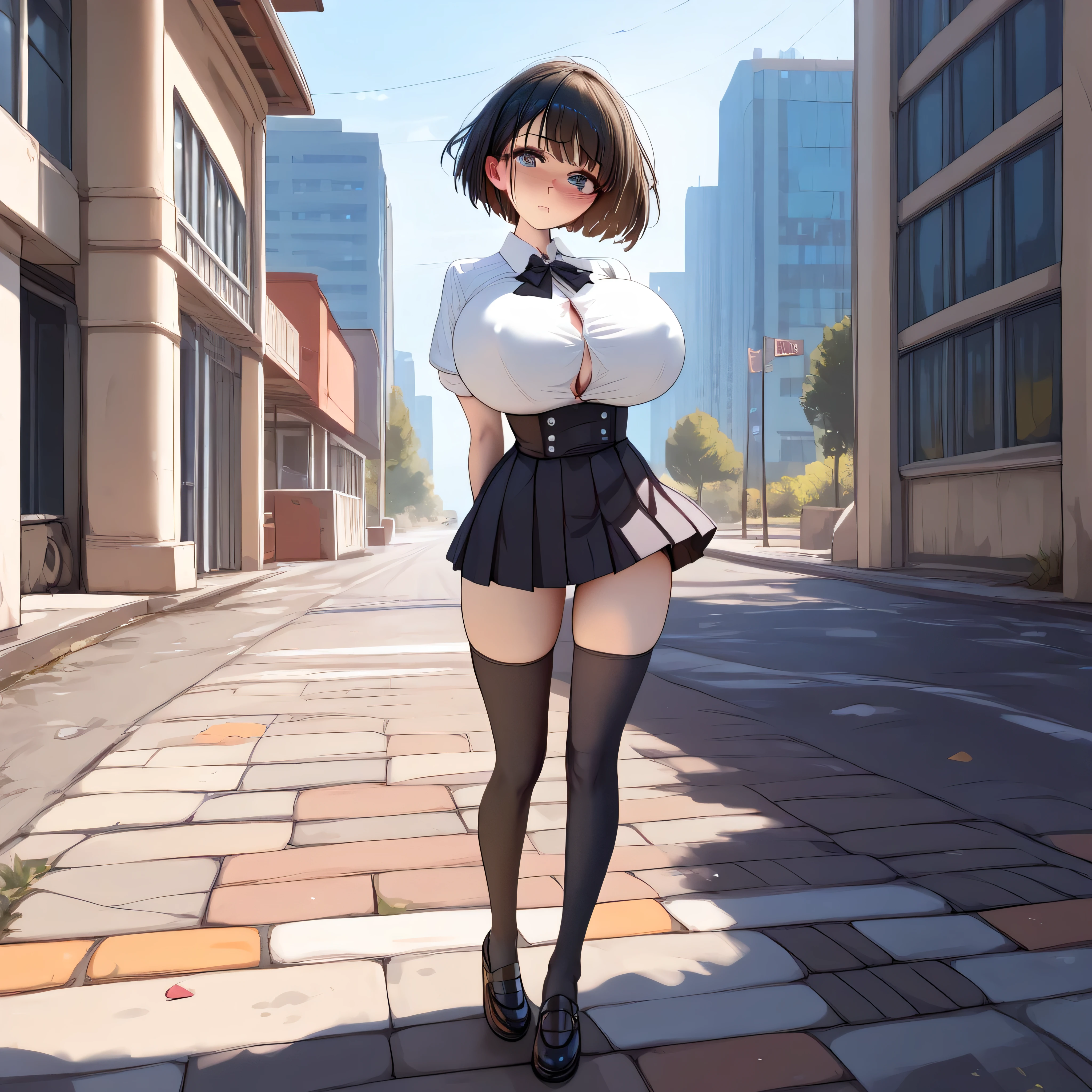 landscape, school, BREAK, solo, (1 skinny girl standing), arched back, arms behind back, bouncing large breasts, tiptoe, looking at viewer, BREAK, short hair, narrow shoulders, (bursting large breasts), (too short torso), (too short waist:1.2), (too narrow waist), small stomach, (very long legs:1.2), (skinny legs), BREAK, white collared shirts, (black too short high-waist skirt cinches underbust tight), thigh gap, (black thighhighs), BREAK, (coverd hard erectile nipples), nose blush