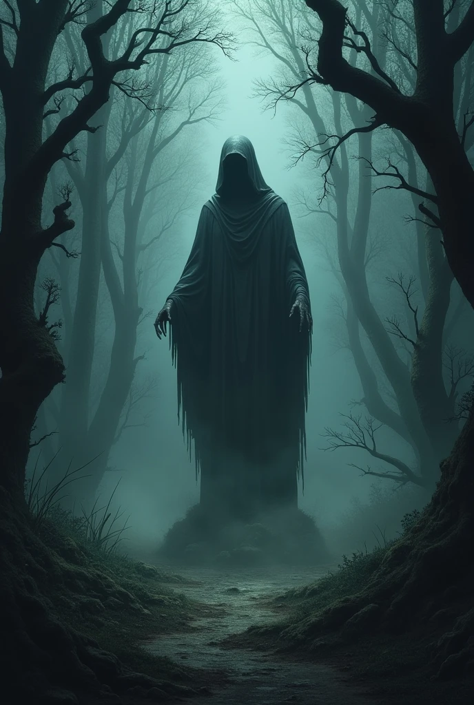 Shrouded in darkness deep forest, (cursed ominous statue:1.3), cursed woods, 