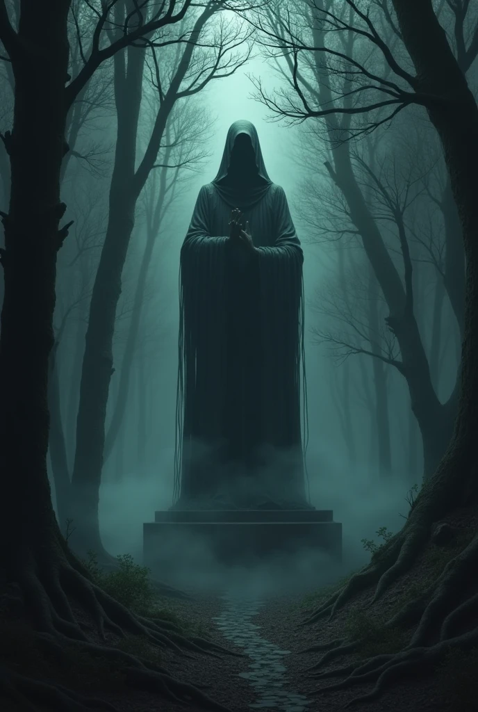 Shrouded in darkness deep forest, (cursed ominous statue:1.3), cursed woods, 