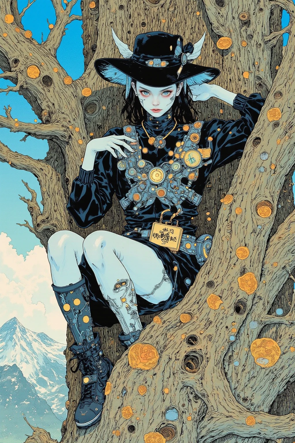  There is a picture of a neutral person wearing a bat hat,  the person is sitting on a tall tree,Illustration by Momoko Shinoda , surrealism, style of hajime Empty Mountain,  graphic details , Empty Mountain. occult art , hajime Empty Mountain designed girl, shohei otomo,  very very unrealistic , Virgil Finlay's style , asymmetric! Cyborg Portrait , gothic horror occult art  