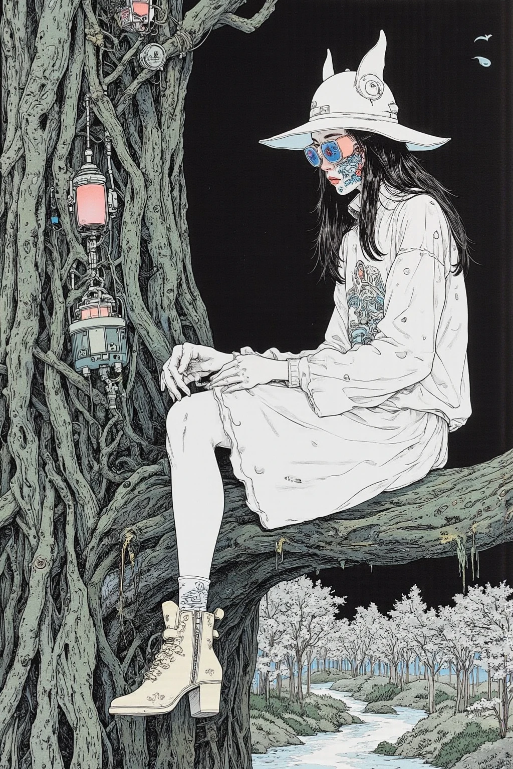  There is a picture of a neutral person wearing a bat hat,  the person is sitting on a tall tree,Clothes are fashion with the theme of bats and skulls, and the colors are black and white,Illustration by Momoko Shinoda , surrealism, style of hajime Empty Mountain,  graphic details , Empty Mountain. occult art , hajime Empty Mountain designed girl, shohei otomo,  very very unrealistic , Virgil Finlay's style , asymmetric! Cyborg Portrait , gothic horror occult art  