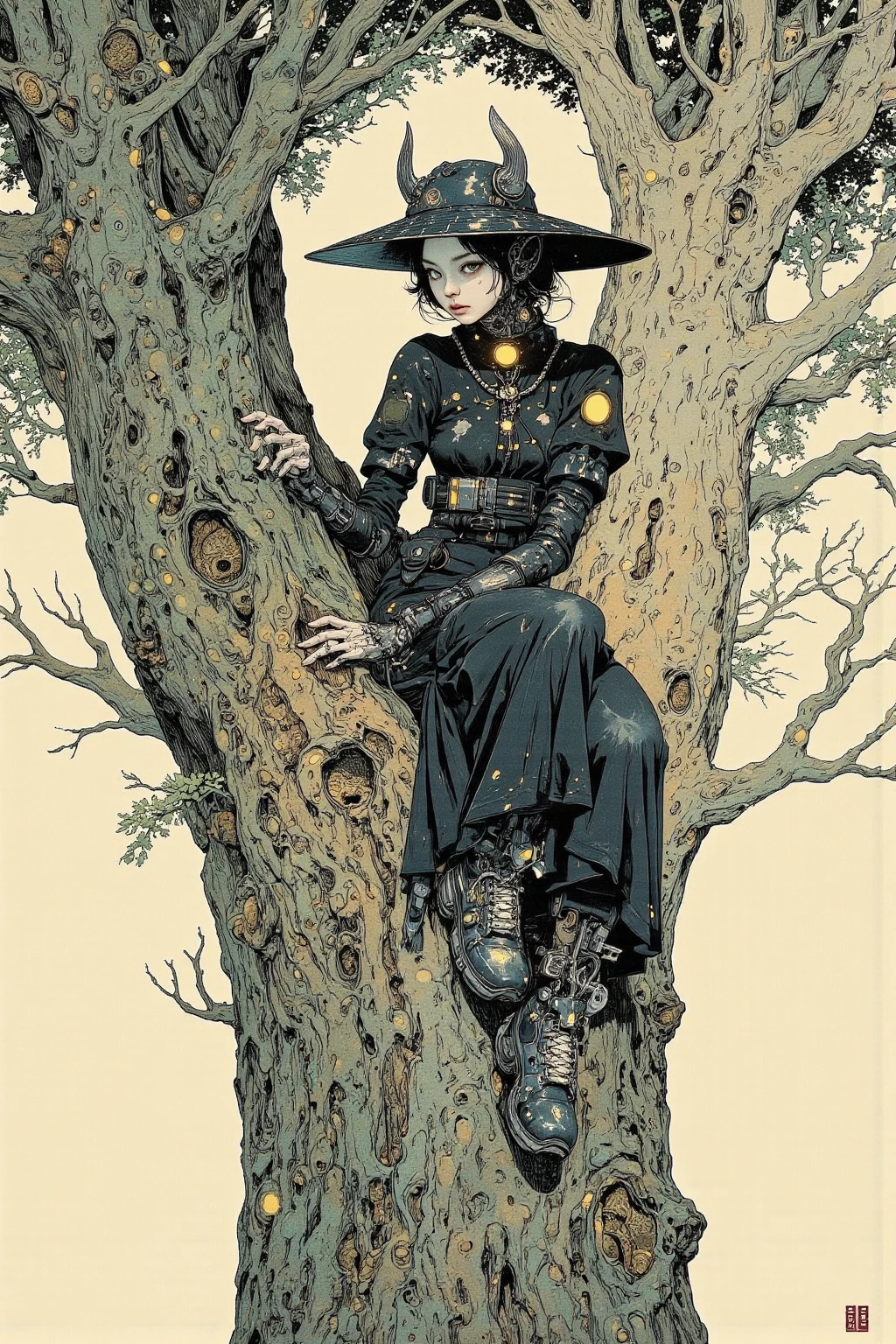  There is a picture of a neutral person wearing a bat hat,  the person is sitting on a tall tree,Clothes are fashion with the theme of bats and skulls, and the colors are black and white,Illustration by Momoko Shinoda , surrealism, style of hajime Empty Mountain,  graphic details , Empty Mountain. occult art , hajime Empty Mountain designed girl, shohei otomo,  very very unrealistic , Virgil Finlay's style , asymmetric! Cyborg Portrait , gothic horror occult art  