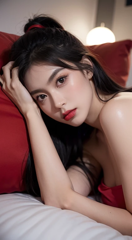 high-definition images, atmospheric perspective, 8k, super detail, accurate, best quality, studio portraits shoot ,a woman,drooping eyes,l, blush, in the studio, model for photoshoot, posing , studio scene, dark , flashlight on , ((bo bc hair)), Red flag yellow star background with studio scene