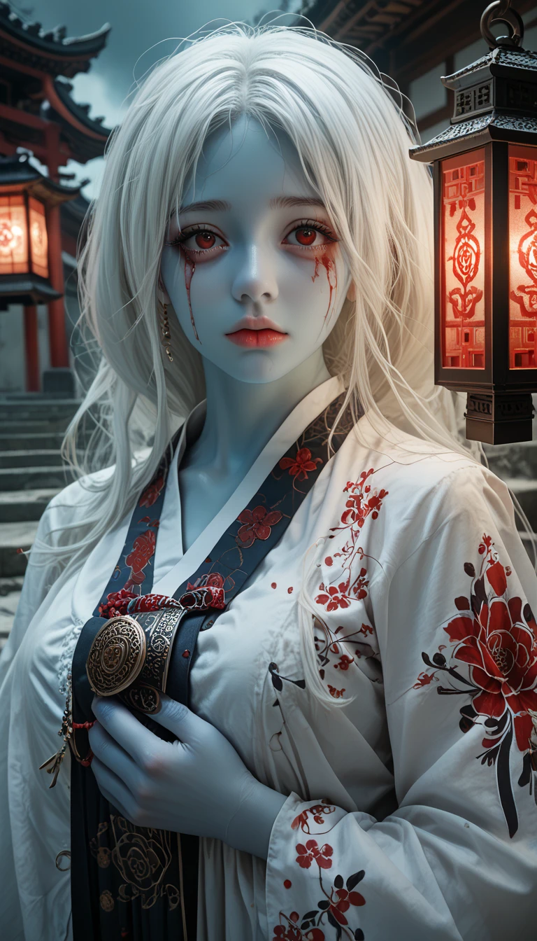 (masterpiece,   best quality  :1.2),  1 woman,   alone, Maiden Ghost Monster,   Korean , Hanbok,  White Sobu , White hair, Temple, I, (  huge boobs   :1.4),   Red Eyes, Lantern  ,   long, matted hair  ,  clear skin ,  Black Eye Line , Red lips, sad expression, Shedding tears of blood,  cool atmosphere, pale blue skin,  blue skin 