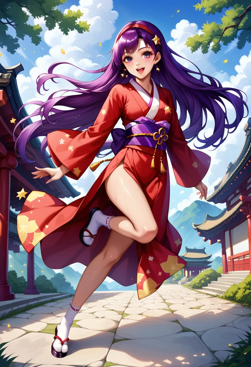 (full body),  1girl , Let, cute girl,  very detailed beautiful girl ,  very detailed face ,  perfect face,  towards the viewer The nose is accurately formed ,Expressive lips, (Very thin hair), ( Long Hair , purple hair), red headband, Star-shaped hair ornament, smile, opened mouth, sweat,  very detailed skin, is not wearing clothes, slim,  white and red kimono , Long-sleeved kimono,  white socks, red clogs , ( fighting pose:1.4, Legs are visible ), csal_scenery, Light Particles, (( Japanese shrines , Domestic)), ( Movie Scene , best quality  ,  High Resolution  ,  Attention to Details ,  beautiful detail,  very detailed CG ), (8k,  best quality  : 1.2),  High Resolution  and beautiful