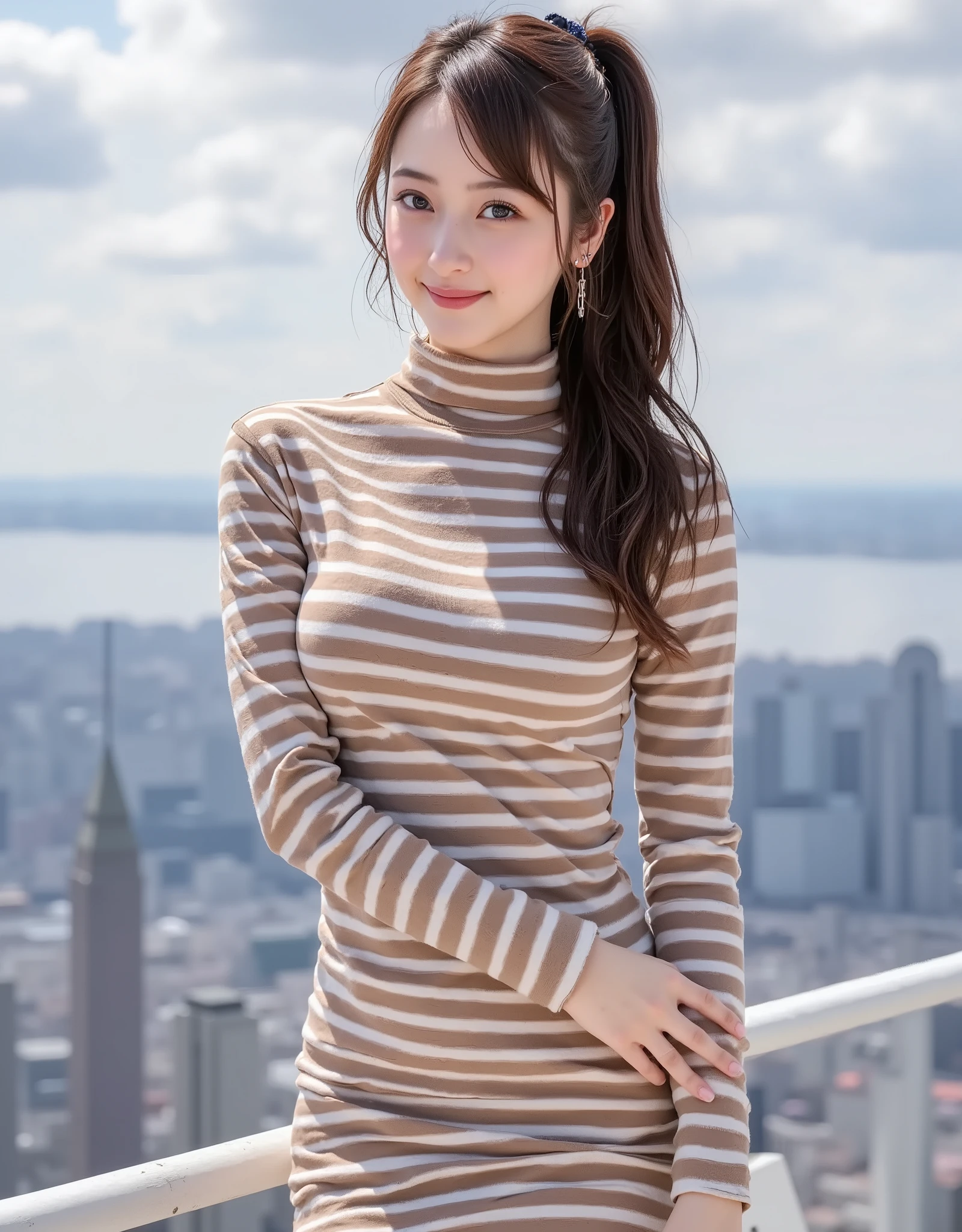 NSFW, (Highest quality), (Ultra-precise CG 16K wallpaper), (Realistic: 1.6), (High saturation), (Sharp), Beautiful detailed shading, Beautiful natural lighting, Beautiful detailed glow, Bright sunlight in the daytime, Natural light, Depth of field, (Mature 24 year old woman, One person: 1.6), (Very beautiful Japanese face), (Sasaki Nozomi), (Soft wavy ponytail hair, bangs: 1.6), (Shiny black hair), (Sparkling eyes), (C cup size breasts, cleavage, slim thighs: 1.6), (Beautiful breasts), (Beautiful legs), (Beautiful skin), Beautiful proportions, (Smile: 1.0), (Looking at me: 1.6), (Wearing a brown and white horizontal striped ribbed knit turtleneck mini dress: 1.6), (Wearing a bracelet), (Fashion model pose: 1.6), (High ground with a view of the cityscape, sky and clouds), (Full screen image:1.6), (shot from head to thigh:1.6), (image of a woman seen from three-quarters front:1.6), (woman standing on a high platform:1.6),