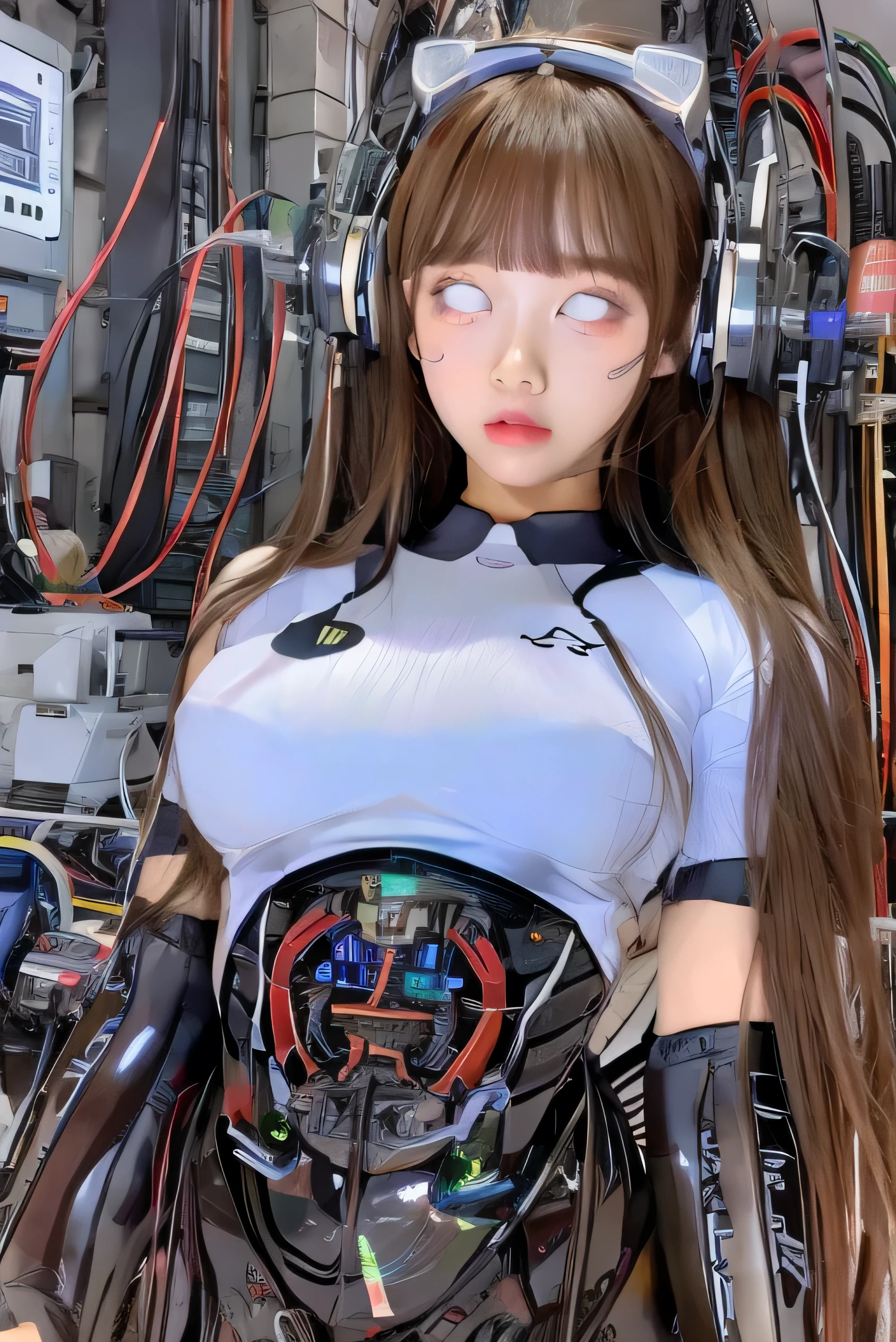 masterpiece, best quality, extremely detailed,front view,japaese android girl,control panels,android,Droid,Mechanical Hand,Robot arms and legs,polo shirt,long hair,brown hair,long tube,thick cable connected her neck,shirome,(Glowing Eyes Meme:1.2)
