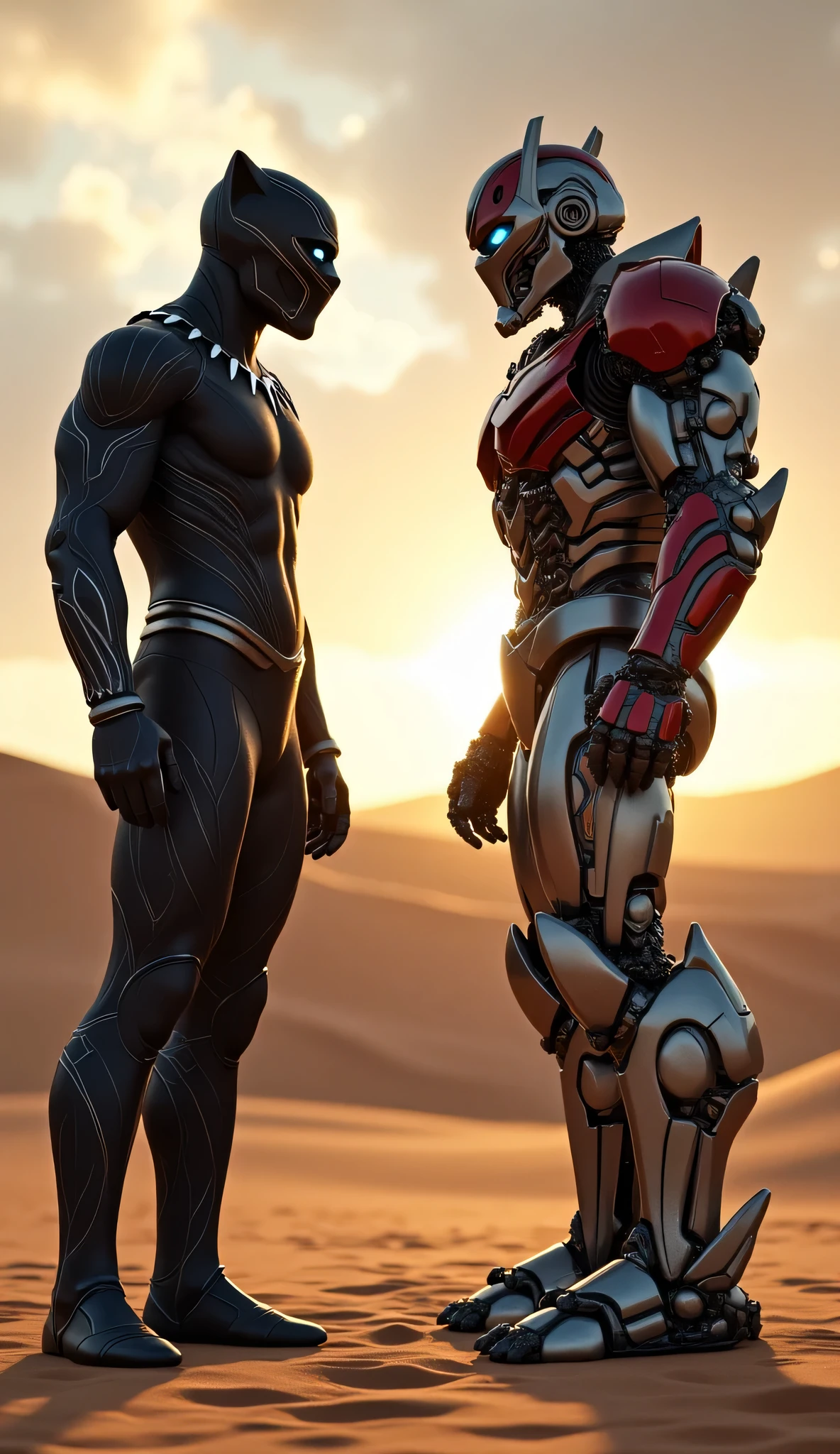 Iron Man + Black Panther standing outside of the volcano mountain