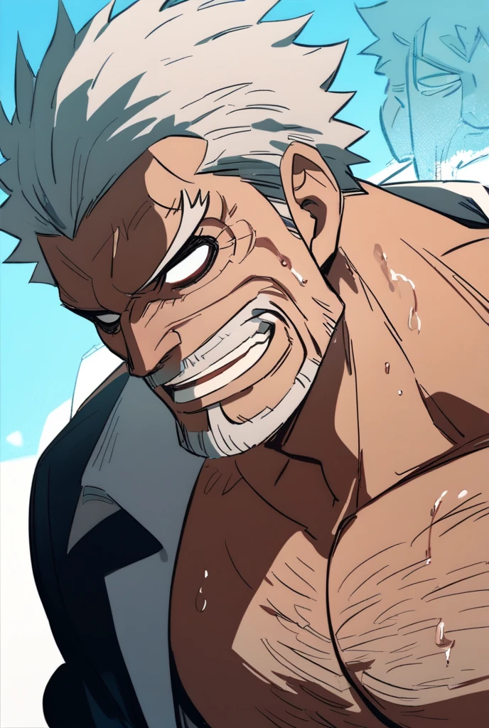 Monkey D. Garp, muscle, shirtless, sweaty, empty eyes, dazed expression, blank stare, hypnotized, brainwashed, hairy chest