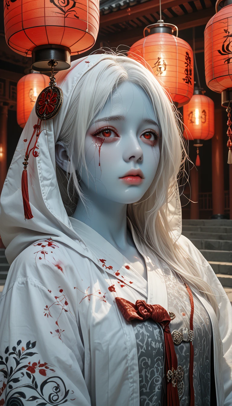 (masterpiece,   best quality  :1.2),  1 woman,   alone, Maiden Ghost Monster,   Korean , Hanbok,  White Sobu , White hair, Temple, I, (  huge boobs   :1.4),   Red Eyes, Lantern  ,   long, matted hair  ,  clear skin ,  Black Eye Line , Red lips, sad expression, Shedding tears of blood,  cool atmosphere, pale blue skin,  blue skin , Cover your eyes with a hood