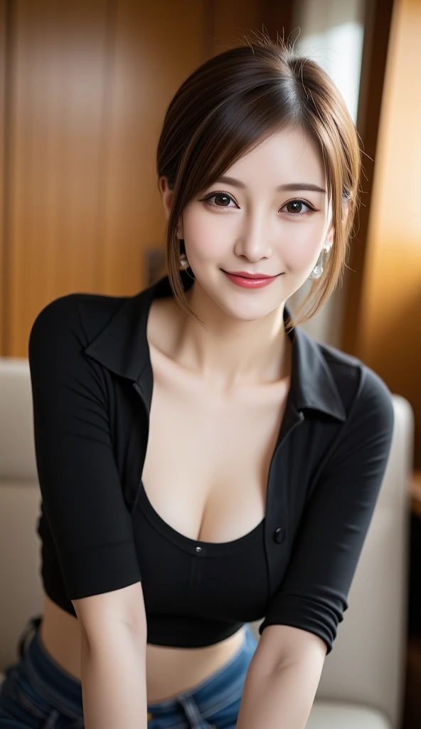 (((Loose chest)))、 cleavage in years、 slouching position with collar、 random expression:2.0、black collared shirt、12Ｋ、ＨＤＲ、 bits deep 10 bits 、( realistic) , (photo  realistic :1.4), masterpiece,  so delicate and beautiful ,  very detailed,(  light brown hair )、 A woman who gives off an adult charm  、 clear white skin  、Hair tied up、 and smiles at the viewer、smile、Teeth are visible、、 random hairstyle、 sitting on the sofa 、 earrings、 necklace、Taken from a higher position than the model、