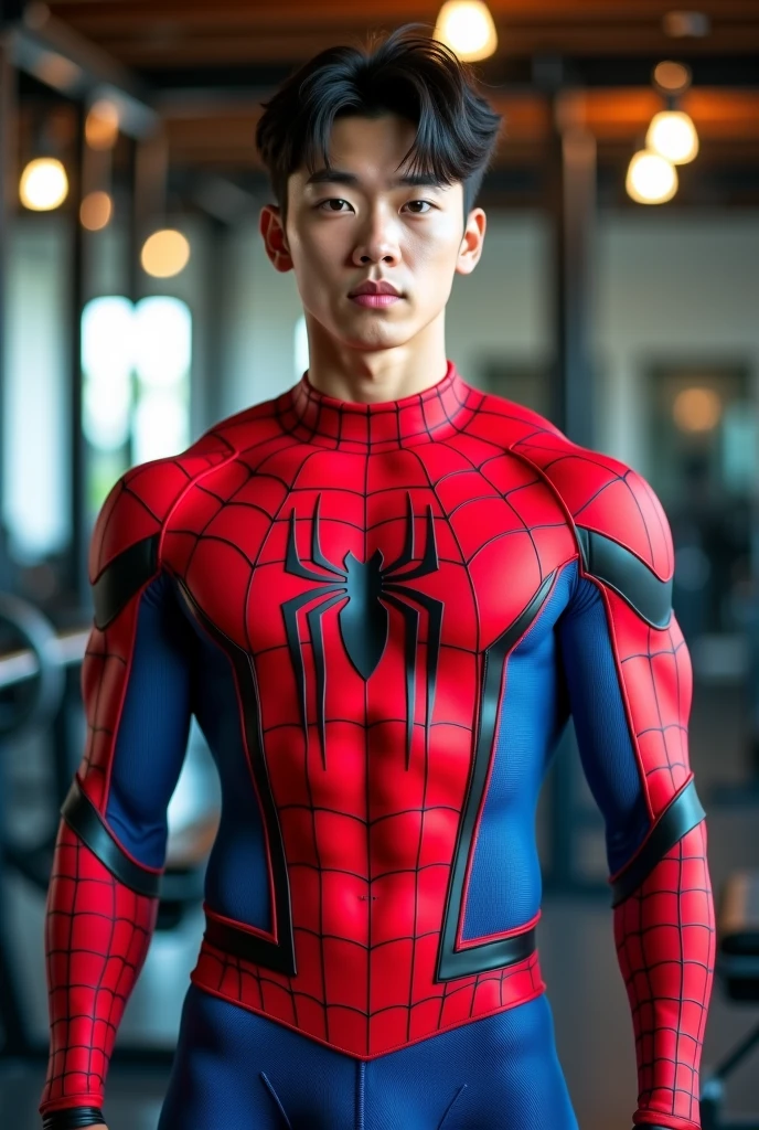 In the captivating picture is a handsome Korean man 3 with his light, white skin like a hero, the background in a large and bold warehouse, his charm radiates as he proudly shows off his sixpack and muscular arms in a full standing pose. He is wearing sexy spider-print underwear and also uses spiderman gloves and socks, which highlight his body shape, He stands in the middle of a giant spider web of his own making, surrounded by a large spider web behind him, Bathed in the golden light of a beautiful day. With unmatched attention to detail., This photorealistic portrait combines Superhero style., Capture every detail of his textured skin in 8k resolution. Leica digital SLR camera. His features are clearly visible., From his deep-set eagle-like eyes to his chiseled jawline., Make this image a true masterpiece.. Lift. (8K UHD、RAW Photography、Leica Digital SLR Photorealistic Portrait、Realistic image), big bulge