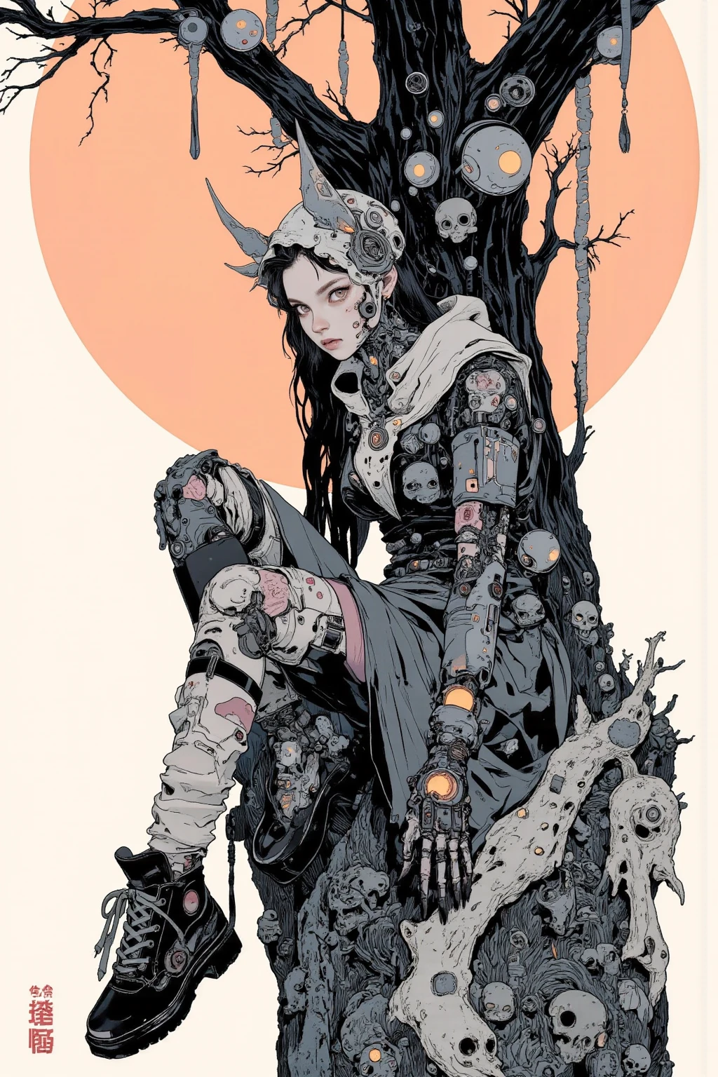  There is a picture of a neutral person wearing a bat hat,  the person is sitting on a tall tree,Clothes are fashion with the theme of bats and skulls, and the colors are black and white,Illustration by Momoko Shinoda , surrealism, style of hajime Empty Mountain,  graphic details , Empty Mountain. occult art , hajime Empty Mountain designed girl, shohei otomo,  very very unrealistic , Virgil Finlay's style , asymmetric! Cyborg Portrait , gothic horror occult art  