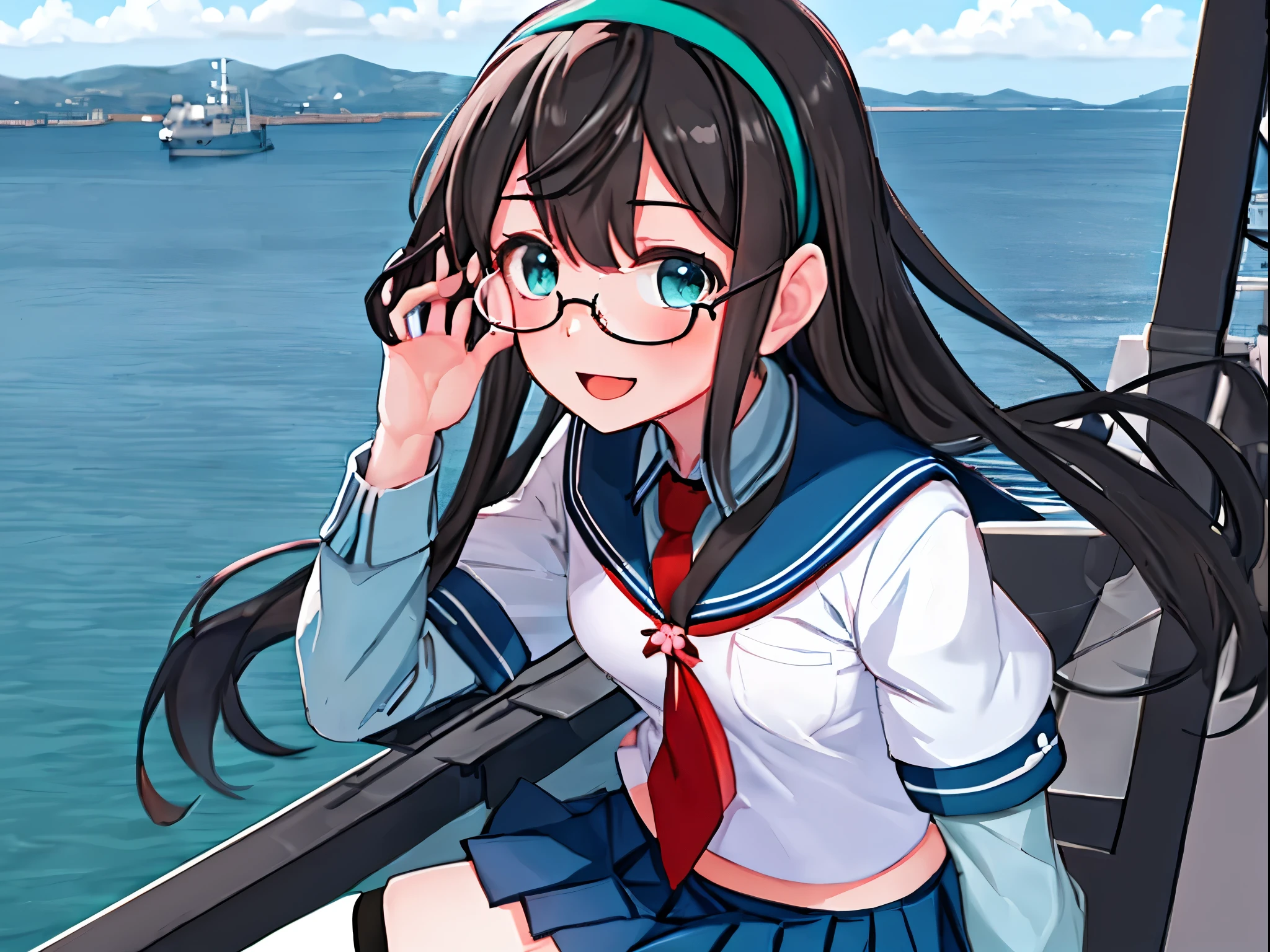 best quality, masterpiece, highres, solo, {ooyodo_kantaicollection:1.15}, black_hair, long_hair, glasses, hairband, semi-rimless_eyewear, under-rim_eyewear, blue_eyes, green_eyes, blush,small_breasts, 1girl, school_uniform, serafuku, pleats_skirt, looking_at_viewer, necktie, harbor_town_background, red_necktie,(angry_eyebrows:0.6),light_smile,thigh-highs,solo,sitting,light_open_mouth, breeze_blows,selfie