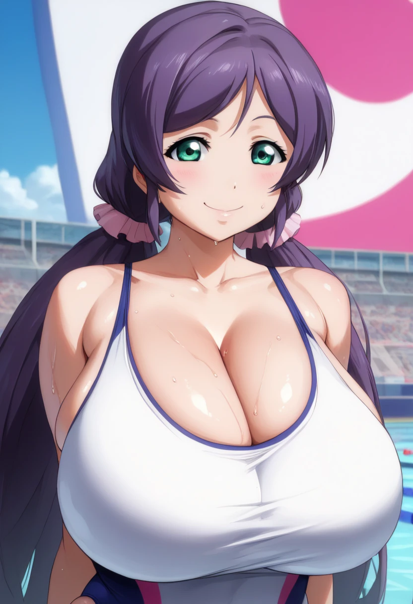 Score 9 score 8 or more score 7 or more,   reviews are questionable,
 detailed background,  growing skin to interact with the audience,Nozomi-san is always,  green eyes,  purple hair,  Twin Tails, low  Twin Tails, Scrouch,  long hair, huge breasts,  off shoulder , 最 High Quality , Masterpiece Very Detailed ,  High Quality ,  High Resolution ,  one girl,  Low Ponytail ,  beautiful,  beautiful and perfect face, fine grain, smile,   close your mouth, Audience ,  Sweating , ( huge breasts :1.5),( too big chewy boobs:1.5),  big butt,  competitive swimsuit,Curved Body,front,throw,  cowboy shots,  from before , whole body,  is standing, ( Love Hotel ),front