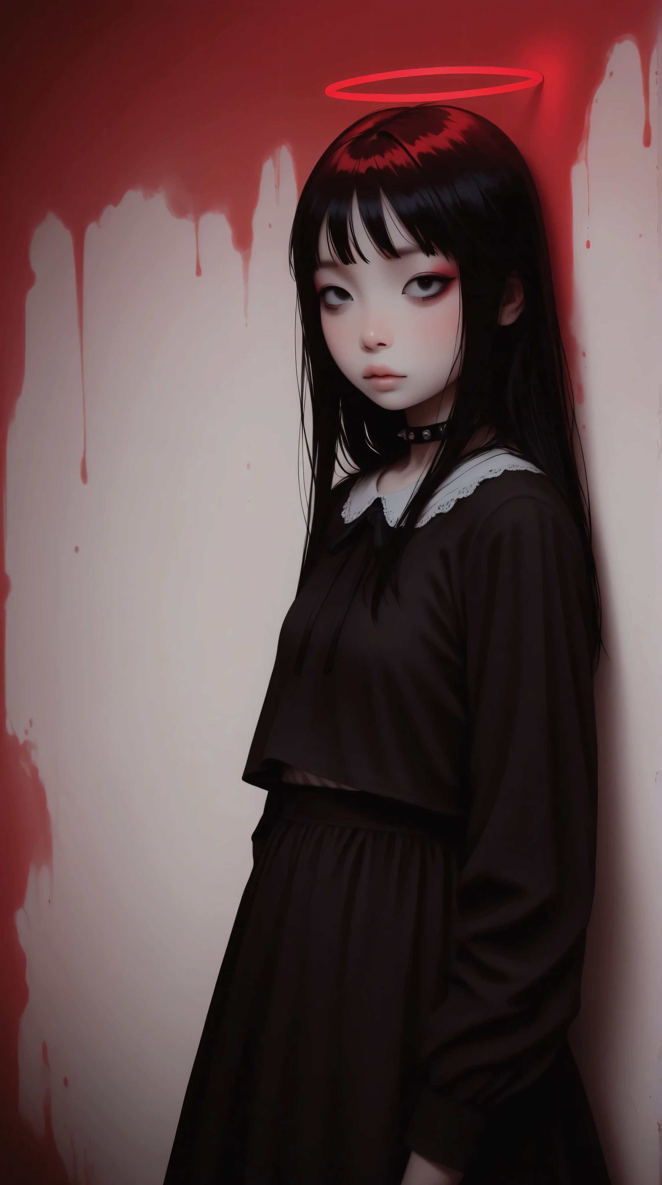 Kizi,Highly detailed, Amazing work,Vitreous luster,((clean backdrop)),In black,(((red colors))),white color,Best quality at best,clean backdrop。goth,