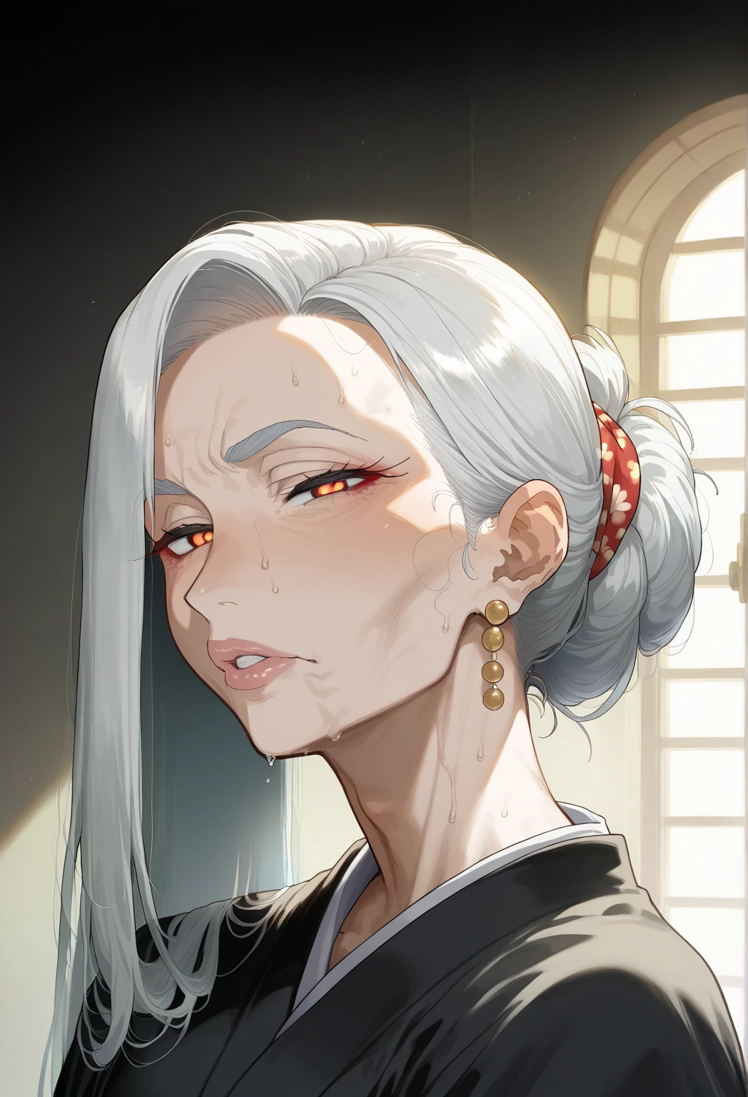 In ancient China, in the mansion, an eighty-year-old woman with white hair (1.5) with a crying expression (1.5)