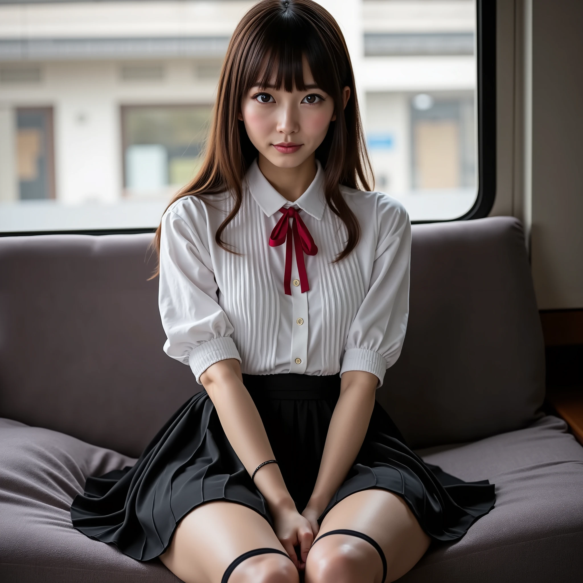 high definition, 16k, solo full body shot , Beautiful Japanese High School Girls , detail eyes, Ultra Clear Focus , white blouse, red ribbon , Pleated skirt, black garter stockings, see-through stockings , brown hair, Center of chest, sitting on a train seat , ( Wide Hips :1.2), detailed glossy ( thighs:1.3), skirt lying on a bed in a modern apartment , Slightly visible underwear, Lifting Skirts , Touch from the Front :1.2), Train seats, lens in front of you , perfect lighting, Moody Lighting ,