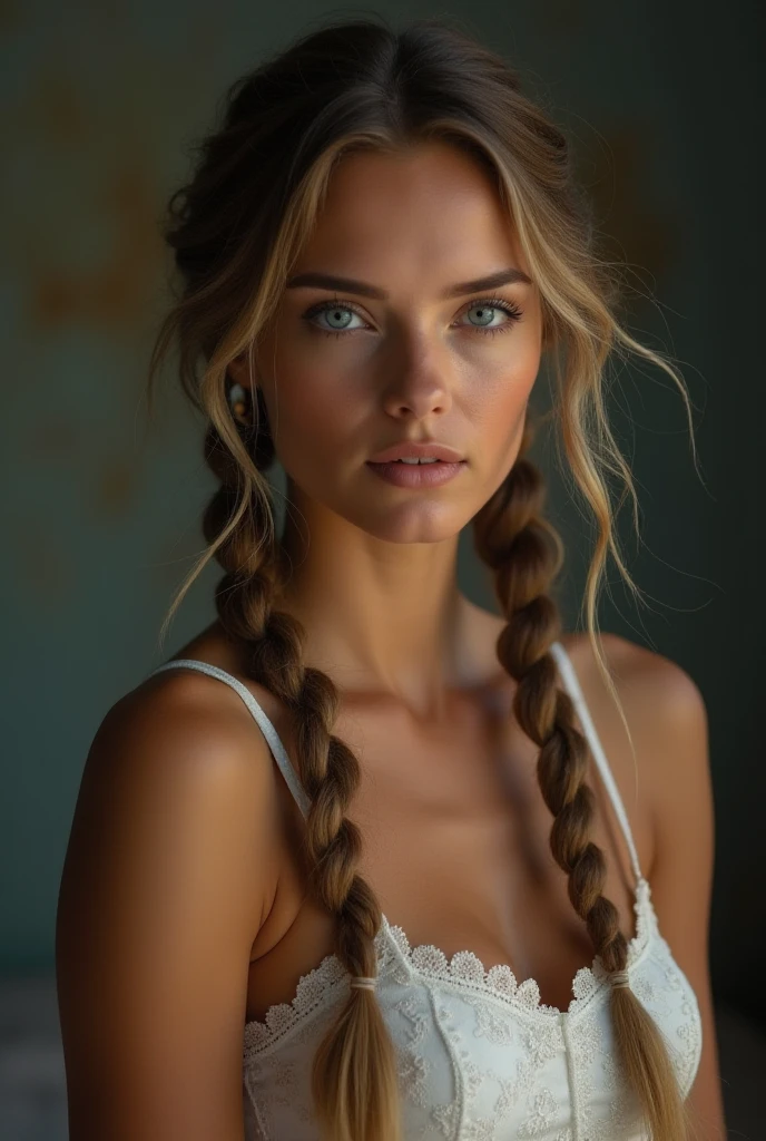 "Imaginez le PORTRAIT d'une sympathique européenne de 27 ans. She has carefully braided and braided brown hair, yeux marron frappants. Dressed sexy 