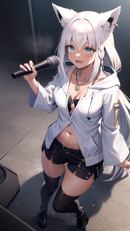 1 woman, wide hips, back, ass, wide shot, white crop top, leather short shorts, oversized leather jacket, open shoulders, silver hair, large breasts, long hair, leaning to the side, street,Idl, microphone holding microphone singing, stage stage lights